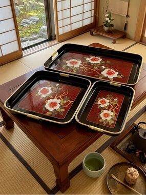 Vintage Toyo Japan Lacquered Black Lacquerware Nesting Trays Set Mid Century
